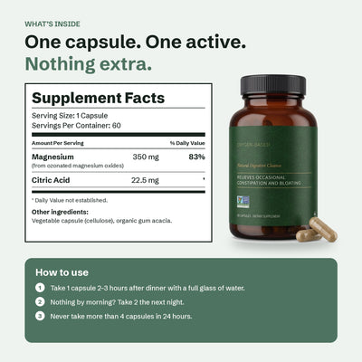 Supplement Facts: 350 mg magnesium per capsule, plus how to use